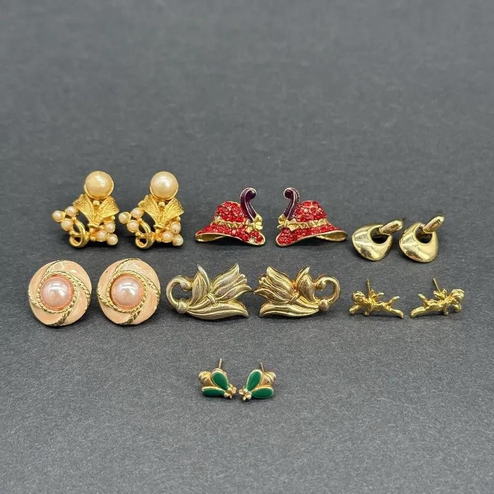 Vintage Gold-Tone Costume Earring Lot Red Rhinestone Hat Faux Pearl Enamel